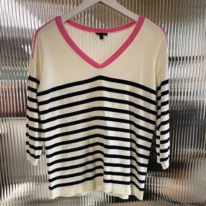 Women's M Talbots 3/4 Pink Trim Spring V Neck Prep Classic Striped Knit Sweater